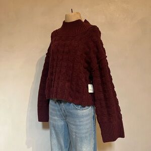 Free People Red Cowl Turtleneck Sweater with Textured Pattern and Relaxed Fit